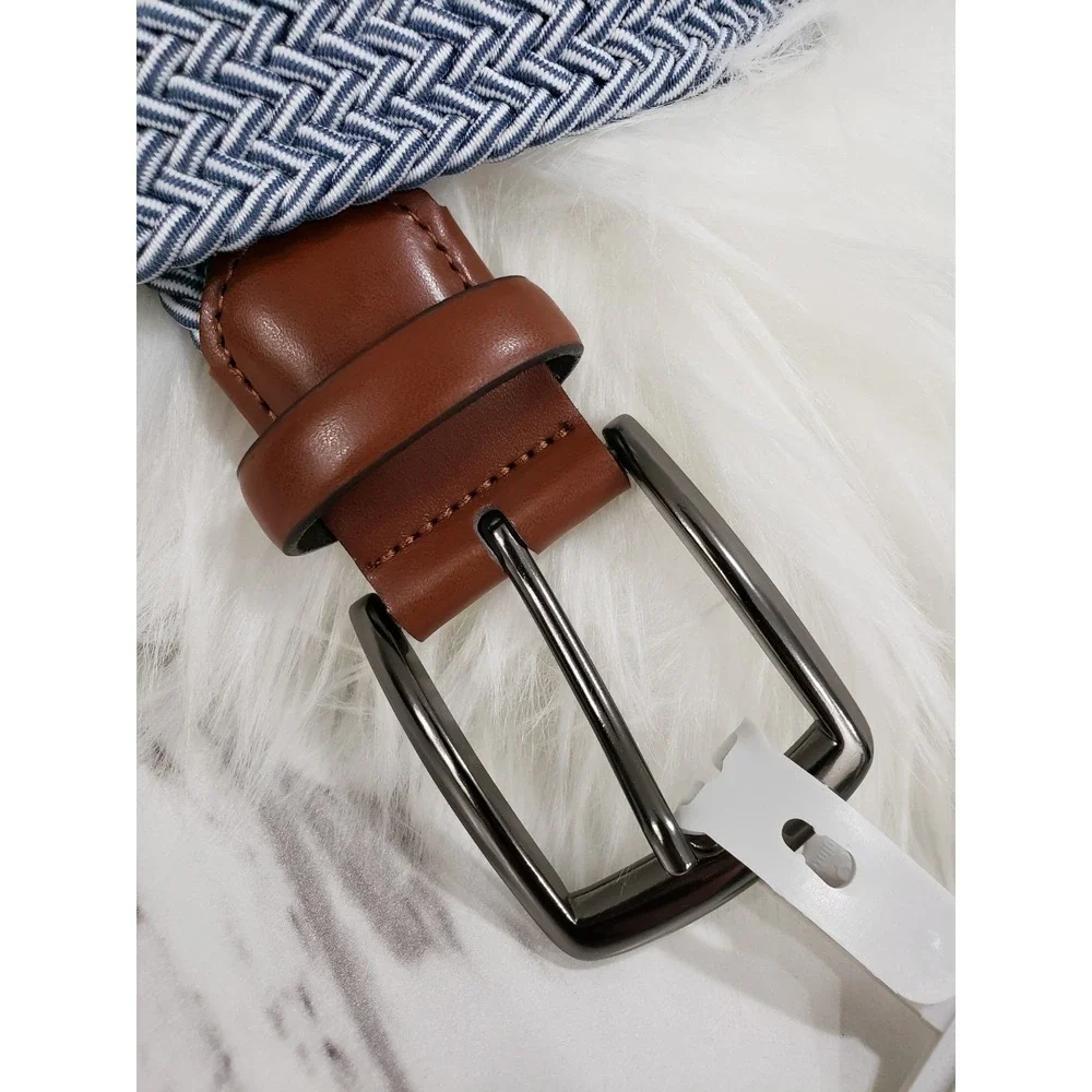 NEW Perry Ellis Portfolio Men Blue Stretch Woven Belt Golf Preppy Chambray 30-32